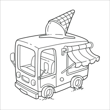 A black and white contoured cartoon car selling ice cream. Children's coloring page.