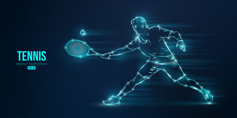 Abstract silhouette of a tennis player on blue background. Tennis player man with racket hits the ball. Vector illustration