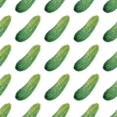 Watercolor green cucumbers seamless pattern on white background