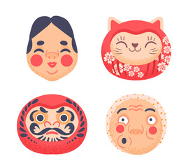 Mask from Japan. Traditional japanese character faces, asian culture symbols isolated on white. Cute facial expressions