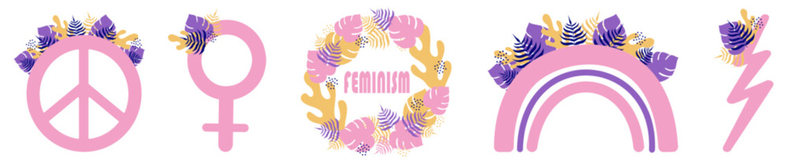 Set of feminist stickers. Girl power. Vector illustration.