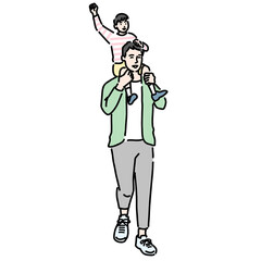 男の子を肩車している若いお父さん