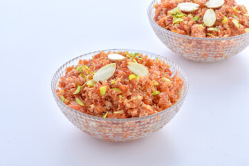 Gajar Halwa or Carrot Pudding. A delicious sweet and healthy dessert prepared by pure milk, desi ghee and fresh carrots.