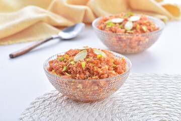 Gajar Halwa or Carrot Pudding. A delicious sweet and healthy dessert prepared by pure milk, desi ghee and fresh carrots.