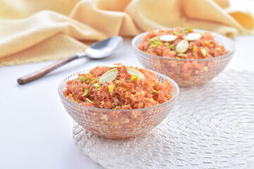 Gajar Halwa or Carrot Pudding. A delicious sweet and healthy dessert prepared by pure milk, desi ghee and fresh carrots.