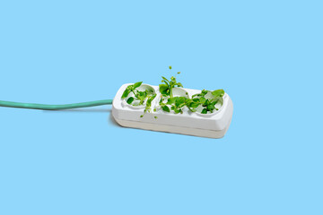 .Electric socket with green plants. The concept of sustainable resources and renewable electricity. White background with copy space - obrazy, fototapety, plakaty