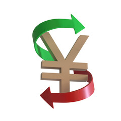 Fototapeta premium Yen symbol surrounded by two arrows, green pointing up and red pointing down, on a white background. 3D rendering. Finance concept. Isolated