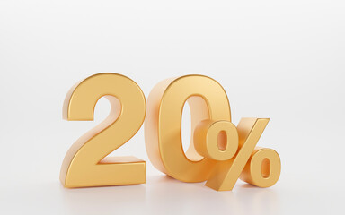 3D Rendering Golden twenty percent isolated on white background. used in banner ads discount, 20 number Icon, Gold Sale Symbol.
