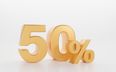 3D gold 50 percent isolated on white background. Used in banner ads discount, Interest, finance and online shopping concept. golden fifty percent off, on sale, great deal, depreciate, coupon.
