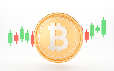 3D cryptocurrency coin isolated on white background. Bullish Candlestick graph investment trading, Bitcoin Banner Blockchain Cryptocurrency Concept, BTC, 3D rendering.	