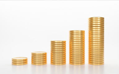 Gold coin stacks growth bar graph on isolated white background, Market investment trading, golden tower, financial, index, forex, exchange, pile, saving money, 3D rendering.
