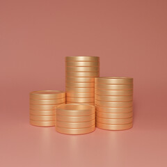 Coin stacks Growth bar graph on pink background, Market investment trading, saving money concept, cryptocurrency staking coins, 3D rendering.