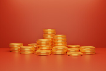 3D Gold coins stacks Growth on red background, Market investment trading, saving money concept, chinese new year, 3D rendering, simple, illustration.
