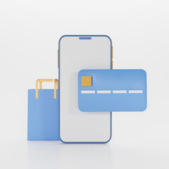 3D Shopping online, credit card, shopping bag with Smartphone Online payment screen on isolated white background for banner, order tracking, Delivery home and office service, e-commerce concept.