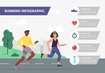 Run infographic. Man and woman running marathon. Athletes jogging outdoor in city park. Sport exercising