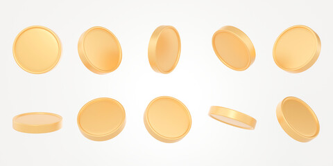 3D Set of golden coin on isolated white background use for banner. Spinning gold coins in different shape. Market investment trading, financial, index, forex, 3d rendering.