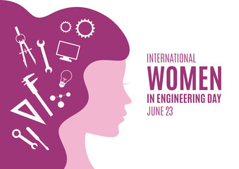 International Women in Engineering Day vector. Woman face in profile purple silhouette vector. Female engineer design element. Engineering icon set vector. June 23. Important day