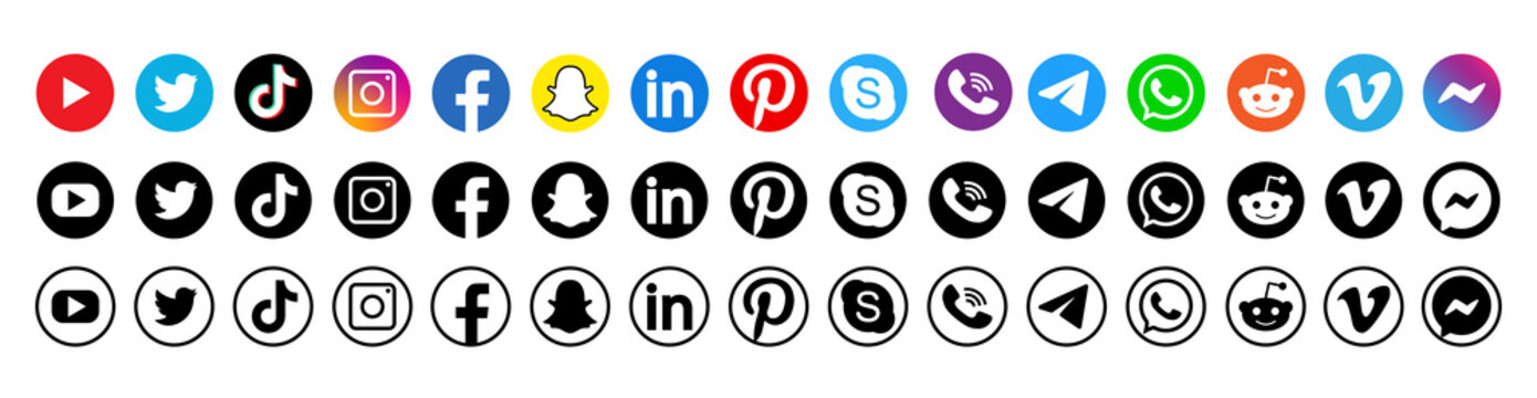 Set of popular social medi icons.Socil media app logo.Facebook,Twitter,YouTube,Instagram,Pinterest,Reddit,Snapchat,TikTok,WhatsApp,Telegram,Linkedin.Vinnitsa,Ukraine-June 12,2022