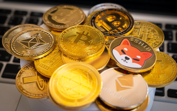 Close up of various kinds of Cryptocurrency token coins. Cryptocurrency is a digital or virtual currency that is secured by cryptography.