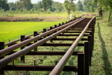 Crude oil transfer piping line which is locateed in local area. Industrial equipment structure photo. Selective focus at some piping part.