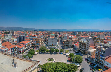 Fototapeta na wymiar Aerial view over Tripoli city, Arcadia and the Metropolitan Church of St. Basil in Greece, Europe