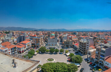 Aerial view over Tripoli city, Arcadia and the Metropolitan Church of St. Basil in Greece, Europe