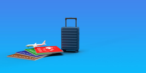 luggage suitcase bag passport visa ticket book airplane wing flight copy space symbol travel business trip tourism journey voyage transportation flying worldwide global planet international.3d render 