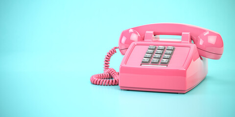 Pink telephone. Vintage retro push button telephone on cyan backgound. - obrazy, fototapety, plakaty