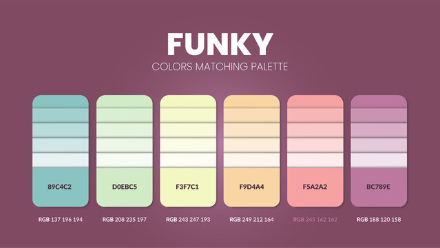 Funky tone colour schemes ideas.Color palettes are trends combinations and palette guides this year, a table color shades in RGB or  HEX. A color swatch for a spring fashion, home, or interior design