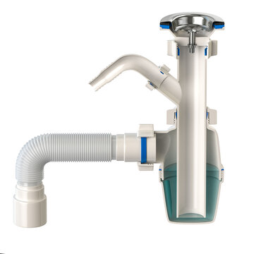 Cross section of siphon with bottle trap and pvc plastic pipes for sinks isolated on white.