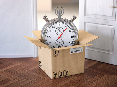 Express delivery concept. Stopwatch and cardboard box on the floor in front of open door.