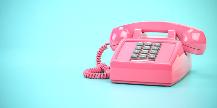 Pink telephone. Vintage retro push button telephone on cyan backgound.