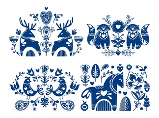 Vector set of folk motives and ornaments. National traditional ornaments with decorative animals, flowers and plants. Floral and animal folk compositions. - obrazy, fototapety, plakaty