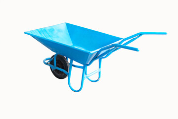 Blue construction concrete wheelbarrow isolated on white background. Dumping cart small. The blue soil truck is used to transport soil in the construction industry.