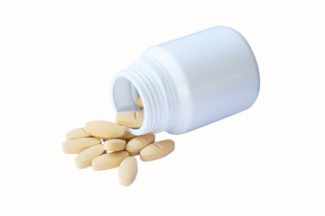 Pile of Pill cream color drug put place with fall white plastic bottle falling. Isolated on white background. Light yellow pills oval. Vitamin supplements for body are commonly used all over world. 