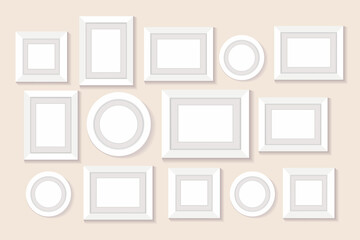 Frame collage on wall. Blank pictures, empty photo frame. Isolated illustration on pastel background. Vector.