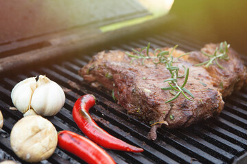 Beef steaks cooking on the charcoal grill with chili pepper, tomatoes, garlic and mushrooms for bbq sauce.