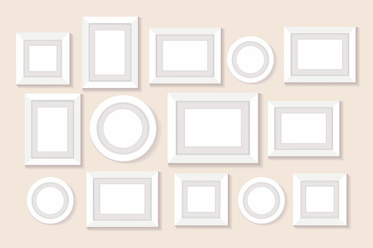 Frame collage on wall. Blank pictures, empty photo frame. Isolated illustration on pastel background. Vector.