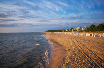 view from the pier in Bansin onto a Beach and the Baltic Sea in Usedom, Germany