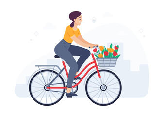Woman rides bicycle with bouquet in basket. Cheerful girl cyclist moving on bike. Female character enjoying trip