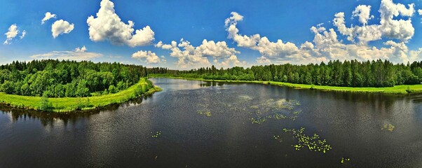 Panorama from the drone to the water reservoir among  the forests of Podlasie.