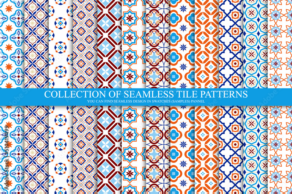 Wall mural collection of bright seamless geometric mosaic patterns - color tile textures. decorative tileable e