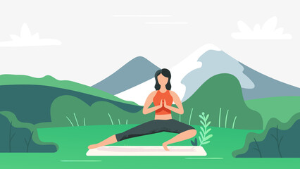 Yoga exercise on nature. Woman meditating on mat outside. Young girl practicing yoga on lawn near mountains