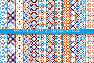 Collection of bright seamless geometric mosaic patterns - color tile textures. Decorative tileable endless ornamental east backgrounds. Vector repeatable symmetric prints