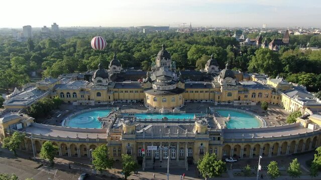 Flight over Szechenyi thermal baths in Budapest, Hungary