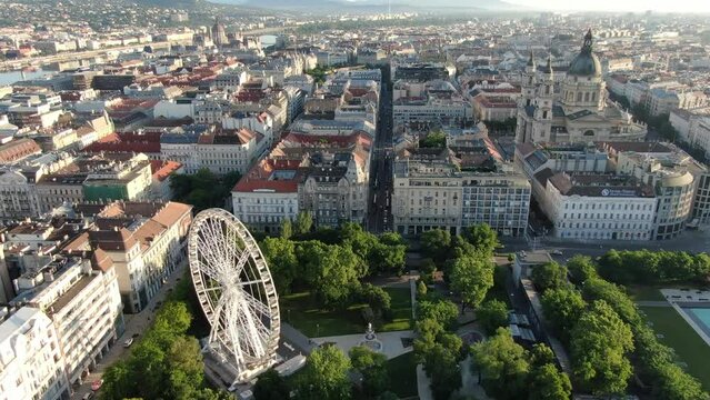 Aerial shot of Erzsebet ter (Erzsebet square) in Budapest, Hungary