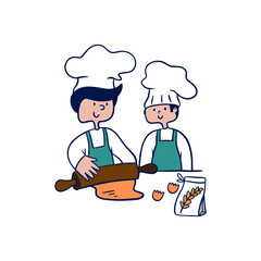 Father and son cooking - modern vector illustration in line design style with color accents. Young parent with a rolling pin, making dough.