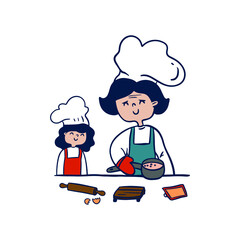Mother and daughter cooking - modern vector illustration in line design style. 