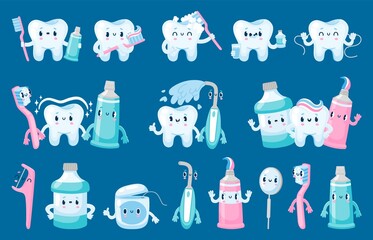 Dental care characters. Tooth toothbrush toothpaste dental floss cute cartoon mascots for dentistry and pediatric posters. Vector mouthwash and healthcare concept set