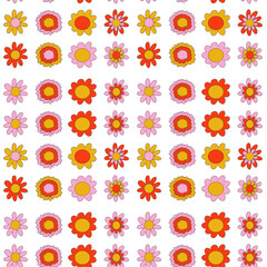 70s Retro flowers pattern. Seamless retro background. Groovy naive flowers pattern pinkn yellow, red chamomile daisy